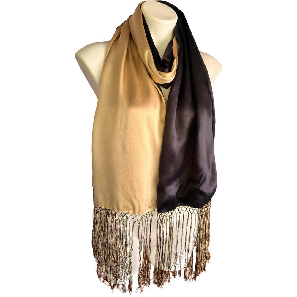 Vintage 1930s Reversible Silk Charmeuse Scarf Wrap Gold Black 21x88 - Picture 7 of 15